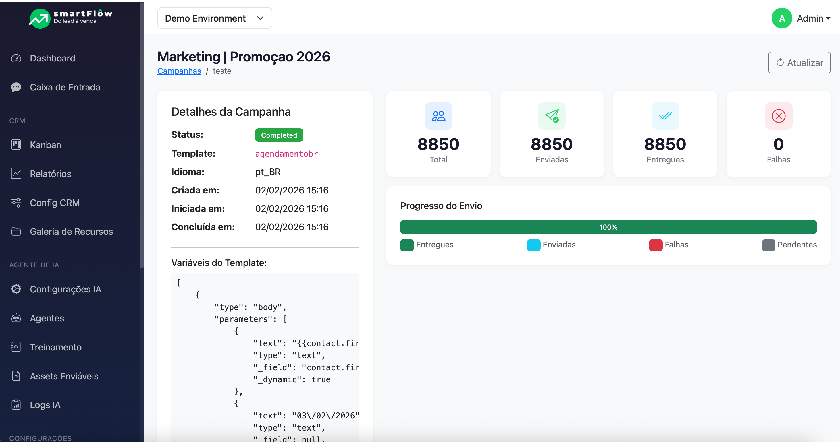 Interface de disparo de campanhas do SmartFlow com seleção de template e público